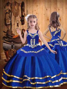 Admirable Straps Sleeveless Pageant Dress Wholesale Floor Length Beading and Embroidery and Ruffled Layers Royal Blue Organza