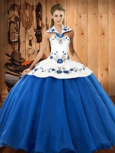 Fitting Blue And White Sleeveless Embroidery Floor Length Vestidos de Quinceanera