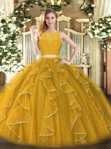 Noble Gold Organza Zipper 15th Birthday Dress Sleeveless Floor Length Lace and Ruffles