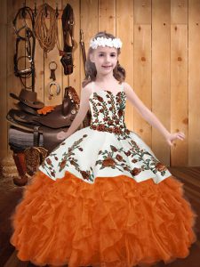 Enchanting Straps Sleeveless Pageant Dress Toddler Floor Length Embroidery and Ruffles Orange Red Organza