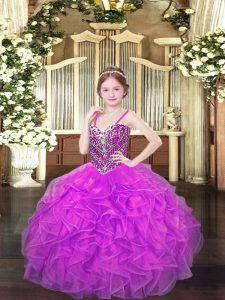 Beading and Ruffles Little Girls Pageant Dress Lilac Lace Up Sleeveless Floor Length