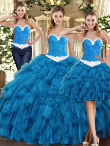 Floor Length Ball Gowns Sleeveless Teal Quince Ball Gowns Lace Up