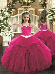 Hot Pink Ball Gowns Appliques and Ruffles Girls Pageant Dresses Lace Up Tulle Sleeveless Floor Length