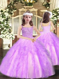 Charming Lilac Sleeveless Beading and Ruffles Floor Length Kids Pageant Dress