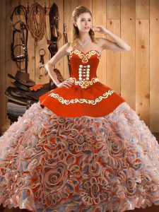 Decent Sleeveless Satin and Fabric With Rolling Flowers With Train Sweep Train Lace Up Quince Ball Gowns in Multi-color with Embroidery