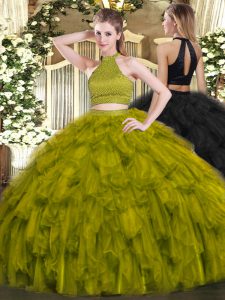 Most Popular Halter Top Sleeveless Backless Sweet 16 Quinceanera Dress Olive Green Organza