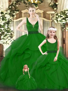 Ball Gowns Sweet 16 Quinceanera Dress Green V-neck Organza Sleeveless Floor Length Zipper