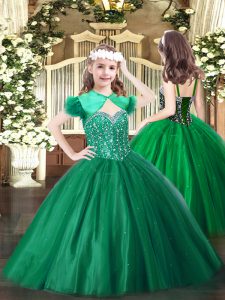 Floor Length Dark Green High School Pageant Dress Tulle Sleeveless Beading