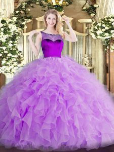 Custom Fit Lavender Zipper Quince Ball Gowns Beading and Ruffles and Hand Made Flower Sleeveless Floor Length