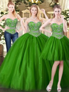 Modest Dark Green Quinceanera Gowns Military Ball and Sweet 16 and Quinceanera with Beading Sweetheart Sleeveless Lace Up