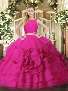 Fashion Floor Length Hot Pink Quinceanera Gown Scoop Sleeveless Zipper