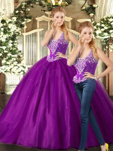 Purple Straps Neckline Beading 15th Birthday Dress Sleeveless Lace Up