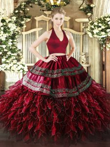 Clearance Floor Length Wine Red 15th Birthday Dress Organza Sleeveless Appliques and Ruffles