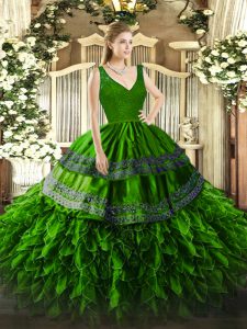 Green V-neck Neckline Beading and Lace and Ruffles 15th Birthday Dress Sleeveless Backless