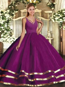 Simple Purple Ball Gowns Organza V-neck Sleeveless Ruffled Layers Floor Length Backless 15 Quinceanera Dress