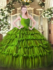 Perfect Olive Green Ball Gowns Straps Sleeveless Organza Floor Length Zipper Ruffled Layers Sweet 16 Quinceanera Dress