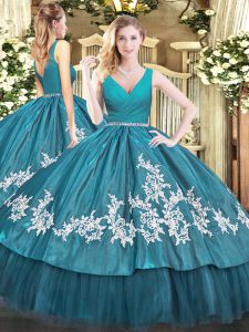 Beautiful Teal Vestidos de Quinceanera Military Ball and Sweet 16 and Quinceanera with Beading and Appliques V-neck Sleeveless Zipper