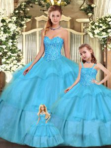 Graceful Aqua Blue Ball Gowns Organza Sweetheart Sleeveless Beading and Ruffled Layers Floor Length Lace Up 15th Birthday Dress