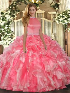 Hot Pink Backless 15th Birthday Dress Beading and Ruffles Sleeveless Floor Length