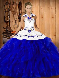 Exceptional Blue And White Ball Gowns Satin and Organza Halter Top Sleeveless Embroidery and Ruffles Floor Length Lace Up Vestidos de Quinceanera