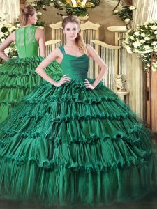 Traditional Dark Green Zipper Quinceanera Gowns Ruffled Layers Sleeveless Floor Length