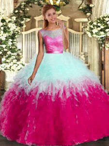 Multi-color Ball Gowns Scoop Sleeveless Tulle Floor Length Backless Beading and Ruffles Sweet 16 Dresses