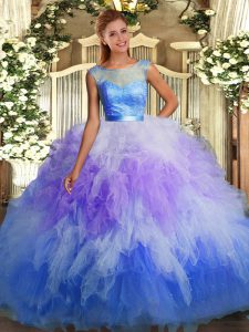 Multi-color Ball Gowns Beading and Ruffles Quinceanera Dress Backless Tulle Sleeveless Floor Length