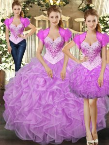 Lilac Ball Gowns Beading and Ruffles Sweet 16 Quinceanera Dress Lace Up Tulle Sleeveless Floor Length