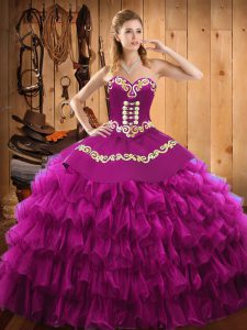 Fuchsia Ball Gowns Satin and Organza Sweetheart Sleeveless Embroidery and Ruffled Layers Floor Length Lace Up Sweet 16 Dress