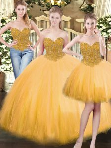 Sumptuous Gold Tulle Lace Up 15 Quinceanera Dress Sleeveless Floor Length Beading