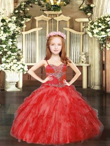 Latest Red Sleeveless Floor Length Beading and Ruffles Lace Up Pageant Gowns For Girls