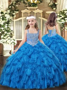 Customized Baby Blue Little Girls Pageant Dress Wholesale Party and Sweet 16 and Quinceanera and Wedding Party with Beading and Ruffles Straps Sleeveless Lace Up