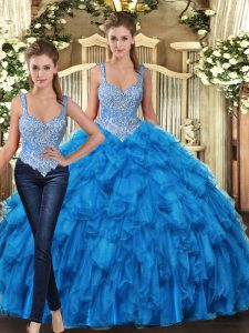 Teal Ball Gowns Beading and Ruffles Quinceanera Gown Lace Up Tulle Sleeveless Floor Length