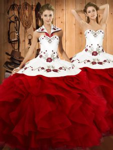 Wine Red Satin and Organza Lace Up Sweet 16 Dresses Sleeveless Floor Length Embroidery and Ruffles