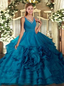 Floor Length Blue Quinceanera Dresses Fabric With Rolling Flowers Sleeveless Ruffles