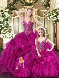 Custom Design Fuchsia Straps Neckline Ruffles Quinceanera Gowns Sleeveless Lace Up