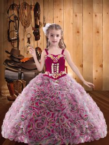 Multi-color Fabric With Rolling Flowers Lace Up Straps Sleeveless Floor Length Little Girls Pageant Gowns Embroidery and Ruffles