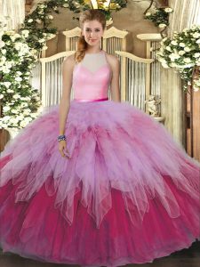 Edgy Beading and Ruffles Ball Gown Prom Dress Multi-color Backless Sleeveless Floor Length