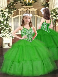 Affordable Floor Length Green Custom Made Pageant Dress Organza Sleeveless Beading and Ruffled Layers