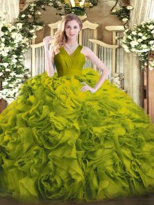 Smart Olive Green Ball Gowns Fabric With Rolling Flowers V-neck Sleeveless Ruffles Floor Length Zipper Sweet 16 Dresses