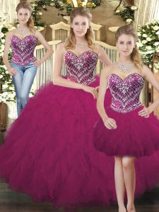 Fuchsia Sweetheart Neckline Beading and Ruffles Sweet 16 Dresses Sleeveless Lace Up