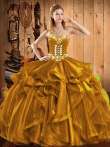 Sweet Gold Sweetheart Lace Up Embroidery and Ruffles Quinceanera Dresses Sleeveless