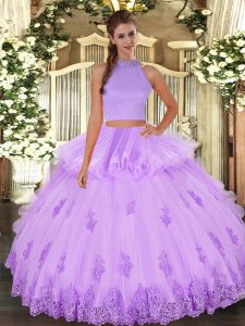 Lavender Two Pieces Halter Top Sleeveless Tulle Floor Length Backless Beading and Appliques and Ruffles Sweet 16 Dresses