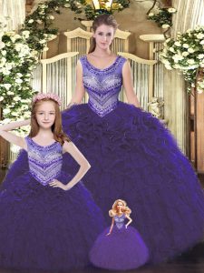 Floor Length Dark Purple 15th Birthday Dress Tulle Sleeveless Beading and Ruffles