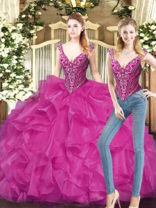 Fuchsia Two Pieces Organza V-neck Sleeveless Ruffles Floor Length Lace Up Sweet 16 Quinceanera Dress