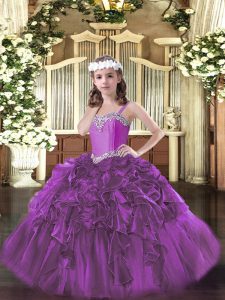 Sweet Organza Sleeveless Floor Length Little Girls Pageant Dress and Beading and Ruffles