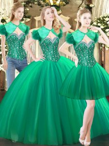 Sophisticated Tulle Sweetheart Sleeveless Lace Up Beading Ball Gown Prom Dress in Green