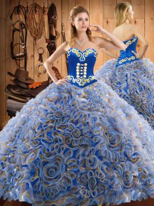 Floor Length Multi-color Quinceanera Dresses Satin and Fabric With Rolling Flowers Sleeveless Embroidery