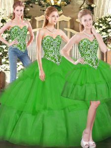 Green Ball Gowns Sweetheart Sleeveless Tulle Floor Length Lace Up Beading and Ruffled Layers Quinceanera Dresses