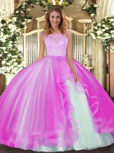 Fuchsia Tulle Clasp Handle 15 Quinceanera Dress Sleeveless Floor Length Lace and Ruffles